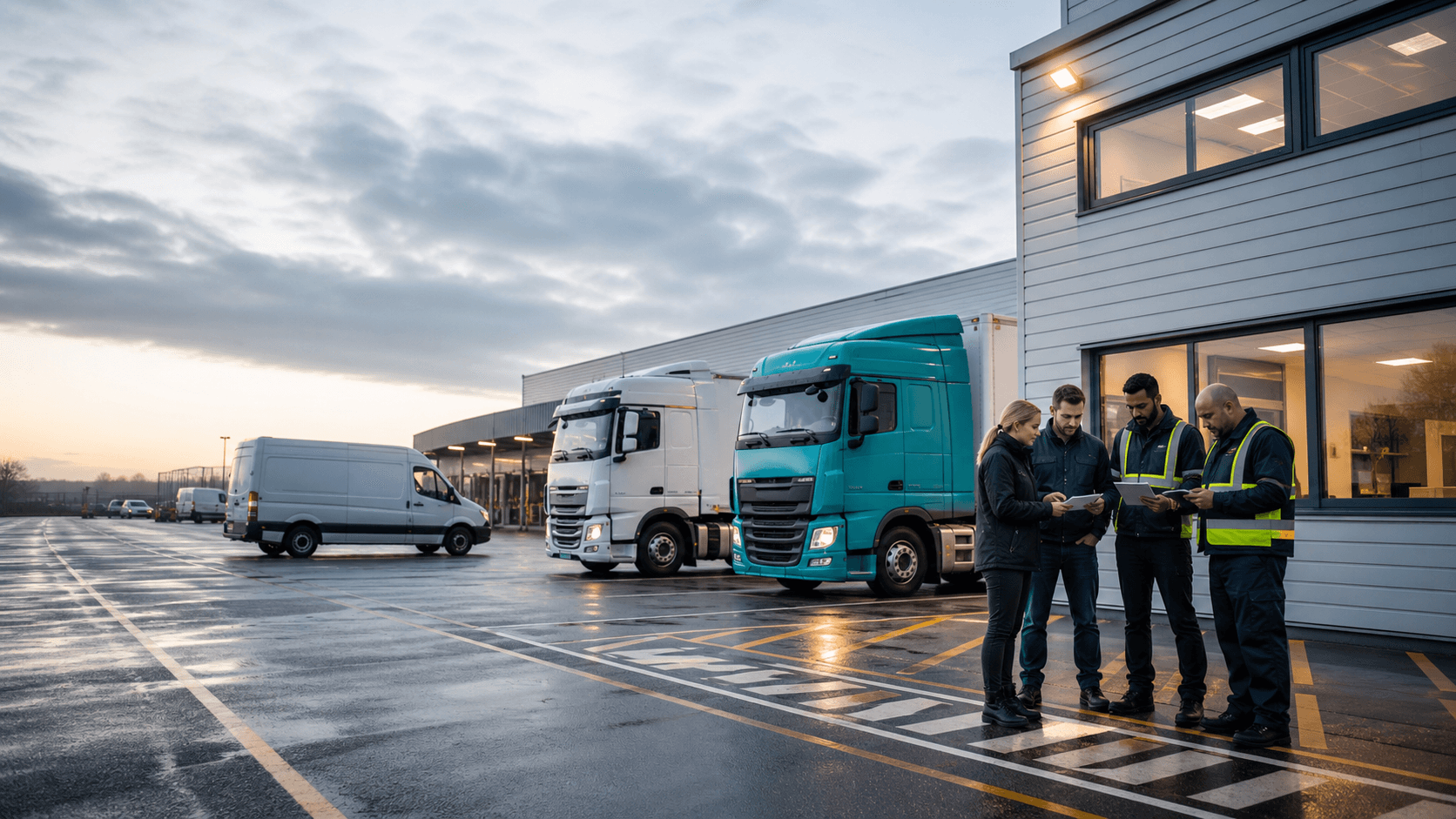 Drivers reviewing parcel and freight routes beside HGVs and vans at a UK logistics yard